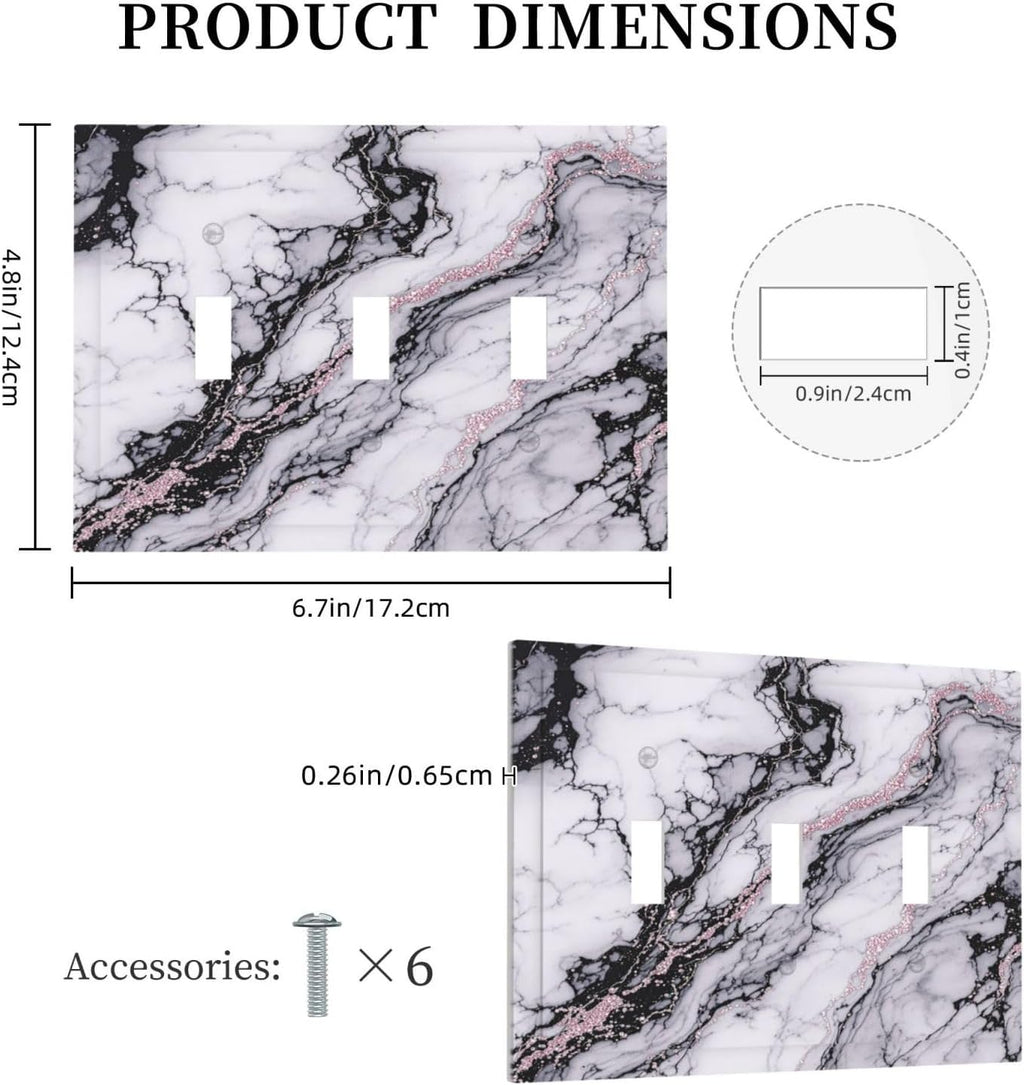 Decorative Switch Plates White Marble Pattern Black Lines Pink Lines 3 Gang Wall Plate Triple Toggle Light Switch Cover Faceplate Electrical Wall Panels for living Room Office Decor