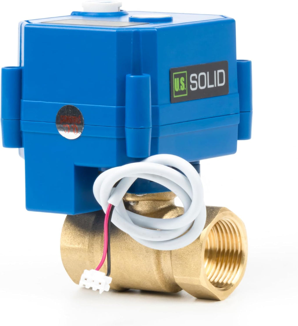 U.S. Solid Motorized Ball Valve with Manual Function - 3/4" Brass, Standard Port, 85-265V AC, 2-wire Automatic Return, Normally Closed