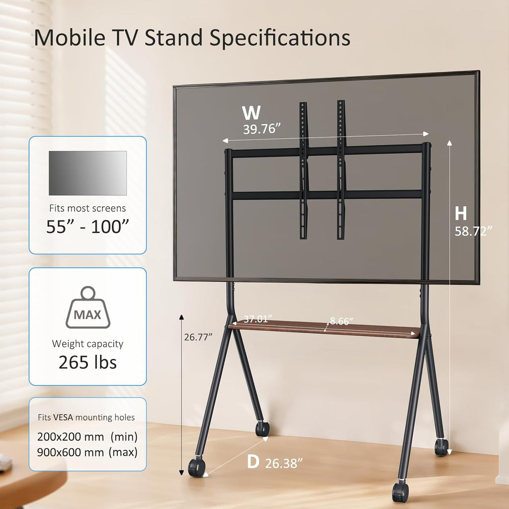 Smart Board Stand for 55-100 Inch Interactive Whiteboards,Flat&Curved TVs,Holds Up to 265lbs,Height Adjustable Smartboard Stand with Lockable Wheels for Office/Classroom/Home