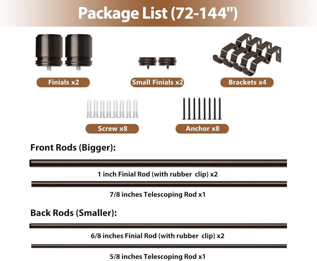 Double Curtain Rod 72 to 144 Inch, HOTOZON 1 Inch Heavy Duty Double Curtain Rods for Windows 60 to 140 Inches(5-11.6 ft), Telescoping Drapery Rod with Simple End Finials, Bronze