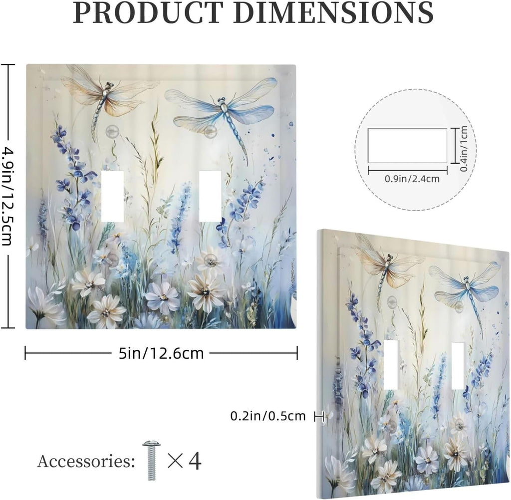 Decorative Light Switch Cover Plate Watercolor Dragonfly Blue Wihte Flower 2 Gang Outlet Covers Double Toggle Wall Plates for Electrical Outlets Switch Plate Covers Faceplate for Home Decor