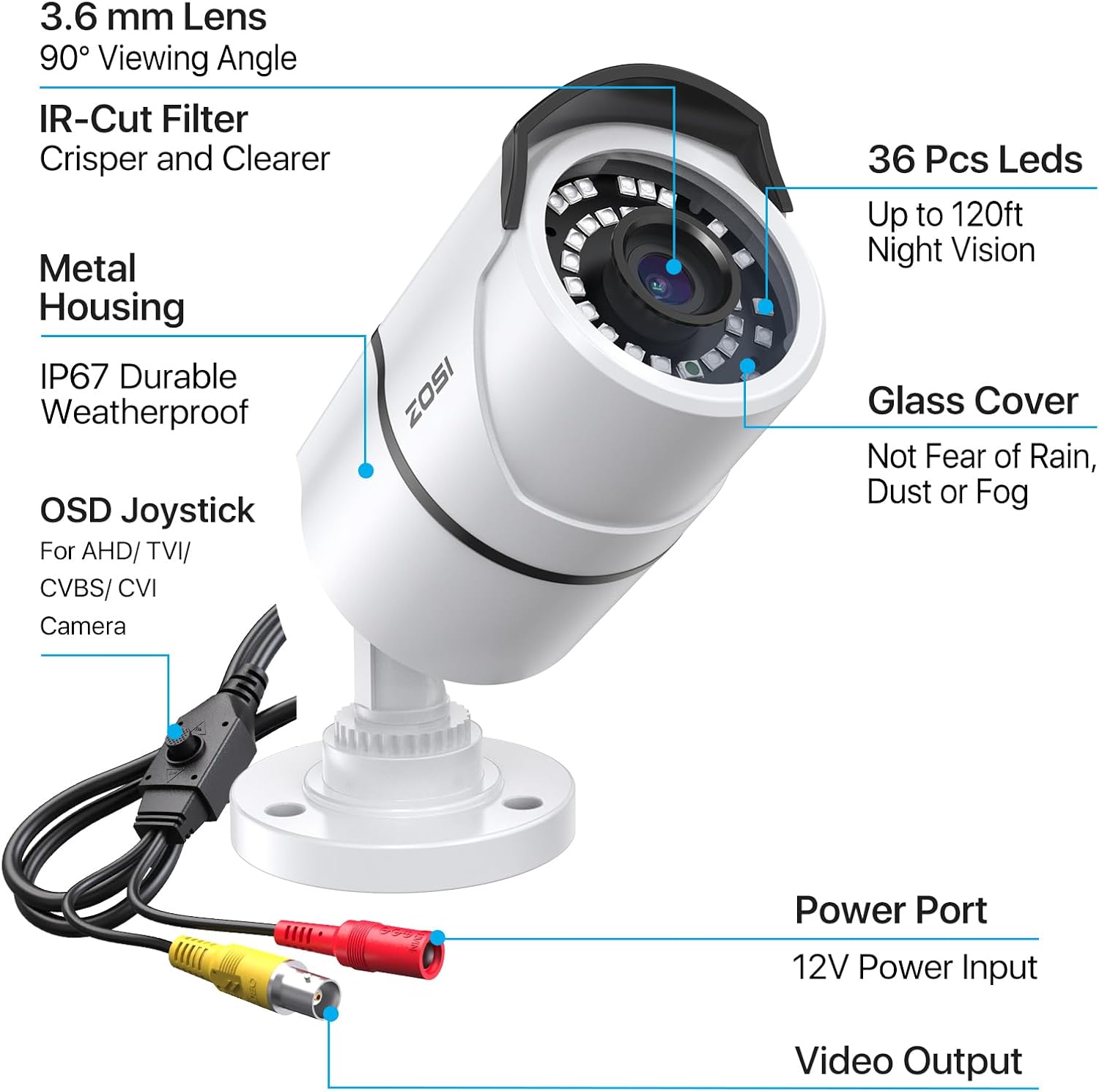 ZOSI 2MP 1080p Security Camera Outdoor Indoor (Hybrid 4-in-1 CVI/TVI/AHD/960H Analog CVBS), Night Vision, Weatherproof Surveillance CCTV Bullet Camera