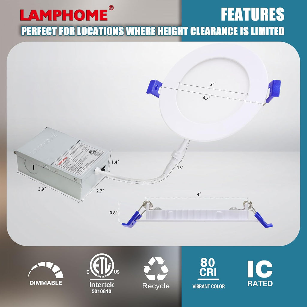 LAMPHOME 6-Pack of 4-Inch Slim LED Recessed Lights with Junction Box, Adjustable Color Temperatures (2700K-5000K), 9W Equivalent to 75W, Dimmable, 950LM Brightness - ETL and Energy Star Certified