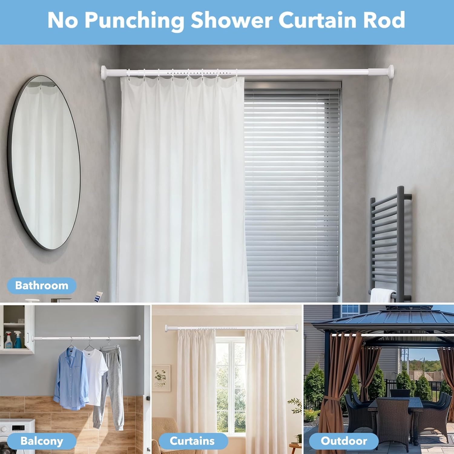 Tension Curtain Rod 51–148 In (4.25–12.33 ft),Extra Long Outdoor Curtain Rod for Window or Bathroom Patio,Easy to Install No Drilling Never Rust,Heavy Duty Adjustable Spring Shower Rod