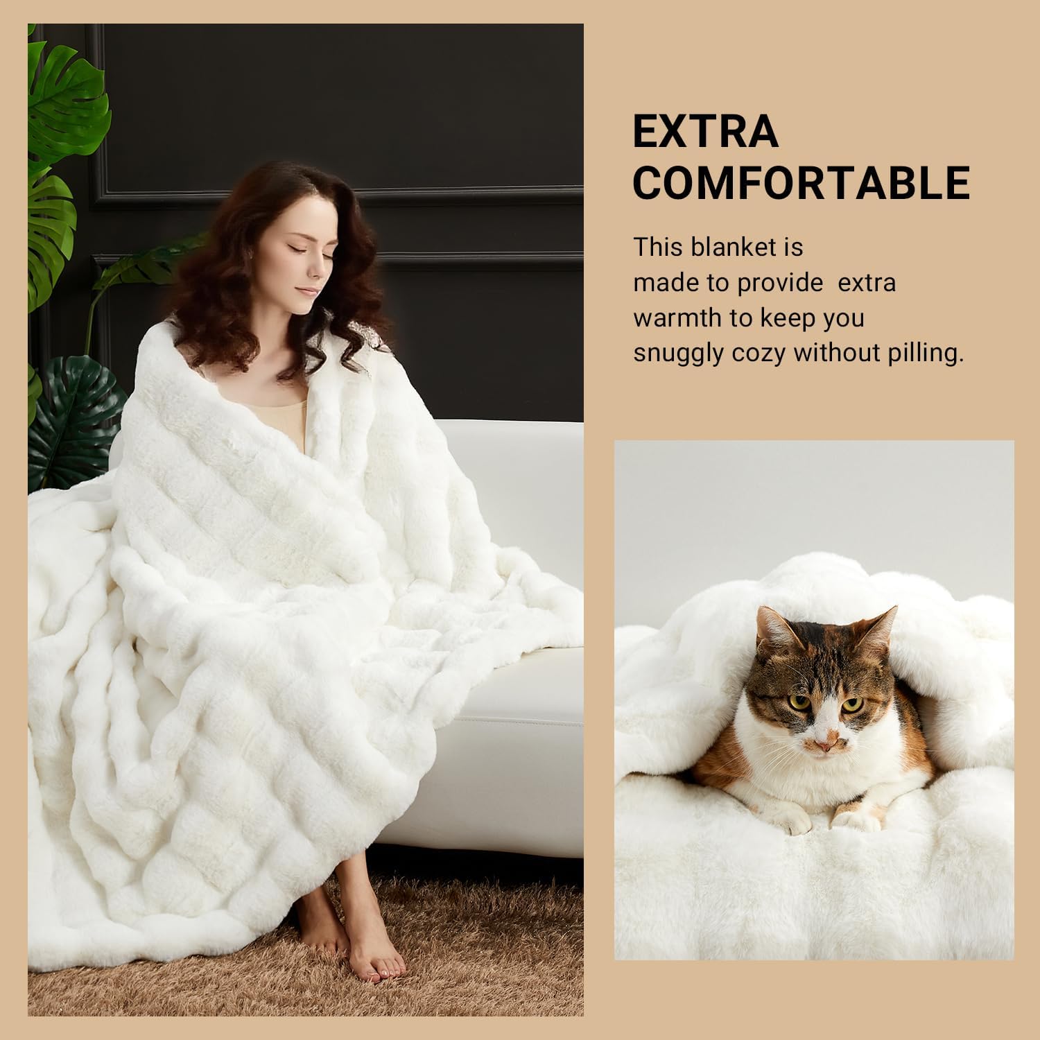 SAPHREAS Faux Fur Throw Blanket for Couch, Fluffy Fuzzy Bubble Blanket for Sofa Bed Living Room, Decor Soft Cozy Gifts for Women Men, 50x60” Cream White