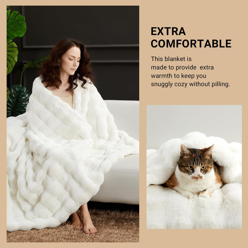 SAPHREAS Faux Fur Throw Blanket for Couch, Fluffy Fuzzy Bubble Blanket for Sofa Bed Living Room, Decor Soft Cozy Gifts for Women Men, 60x80” Cream White