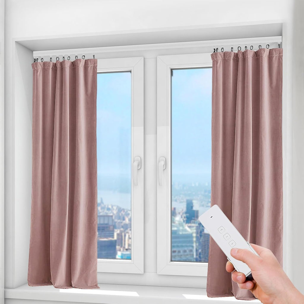Smart Curtain Motor with Remote, Compatible with Alexa & Google Home App Control, 18W Electric Curtain Rail Track for Smart Home, 90-240V Power (3.28ft Cord) (White)