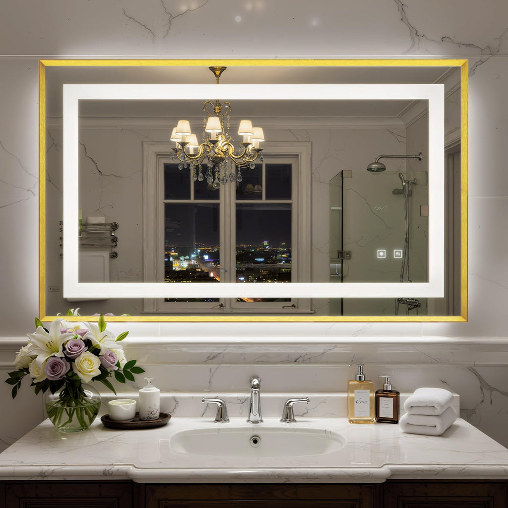 40X24 Inch LED Bathroom Mirror with Lights, Gold Frame Frontlit+ Backlit Bathroom Vanity Mirror for Wall, Ultra-Clear Tempered Glass, Shatter-Proof, Anti-Fog and Memory Function, ETL Listed