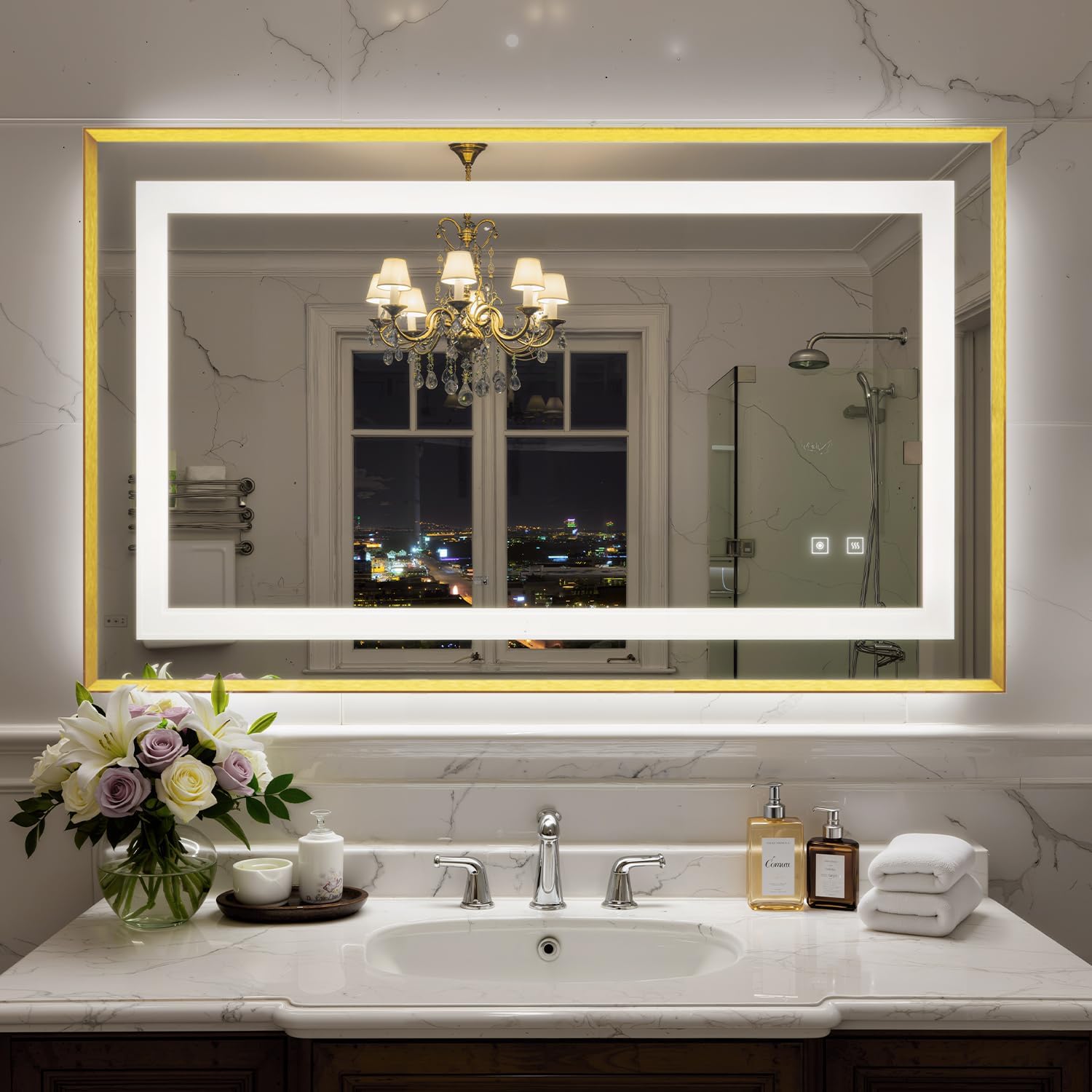 40X24 Inch LED Bathroom Mirror with Lights, Gold Frame Frontlit+ Backlit Bathroom Vanity Mirror for Wall, Ultra-Clear Tempered Glass, Shatter-Proof, Anti-Fog and Memory Function, ETL Listed