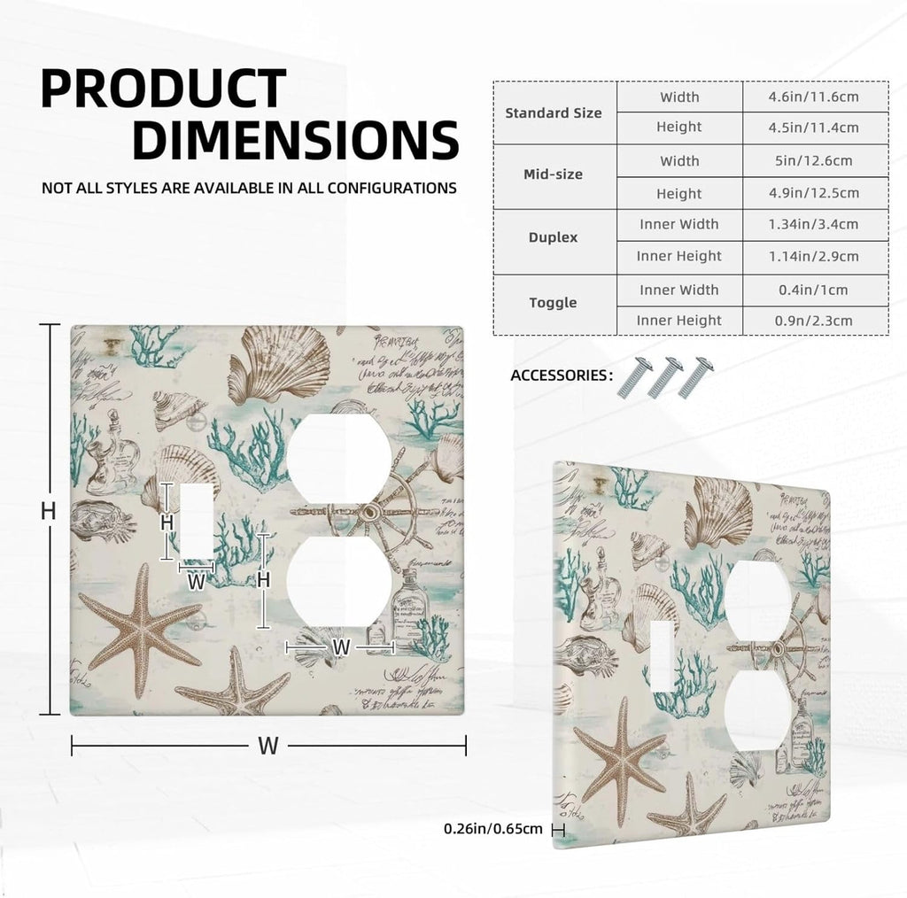 Mid Century Seashells Starfish Compass Wallplates 1 Toggle 1 Duplex Switch Plate Electrical Gfci Faceplate Decorative Light Switch Covers For Nursery Kids Room Decor