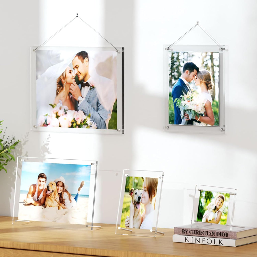 AITEE 8x10 Acrylic Picture Frames 2 Pack, Clear Desk Picture Frames with Stand, Modern Frameless Floating Frames Lucite Transparent Square Cubes Frame for Wall & Desktop Display Gift for Home Office