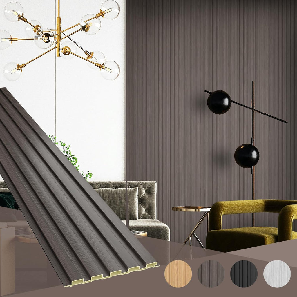 OUZUGIE WPC Acoustic Slat Wall Paneling, 8-Pack 114 x 6 Inches 3D Wall Panels for Interior Wall Decor,Living Room,TV Background,Study Room,Office Spaces,Bedroom,Low Grille (Walnut)