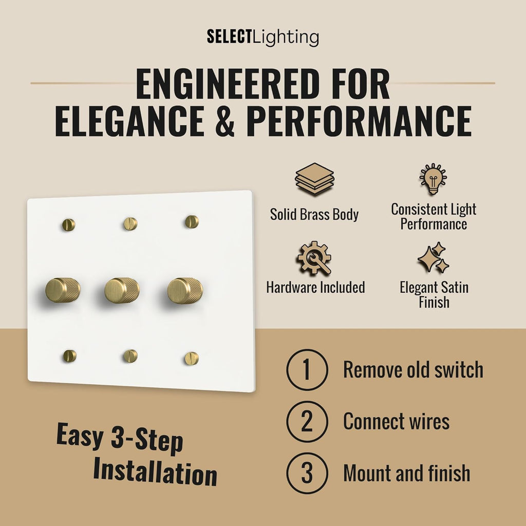 Select White Brass Dimmer Light Switch, 1 Way Rotary Dimmer, 3 Gang TRIAC/Leading Edge Dimmable LED Light Switch, 15A 120V AC with Brass Knob, Faceplate & Dimming Module, UL Listed
