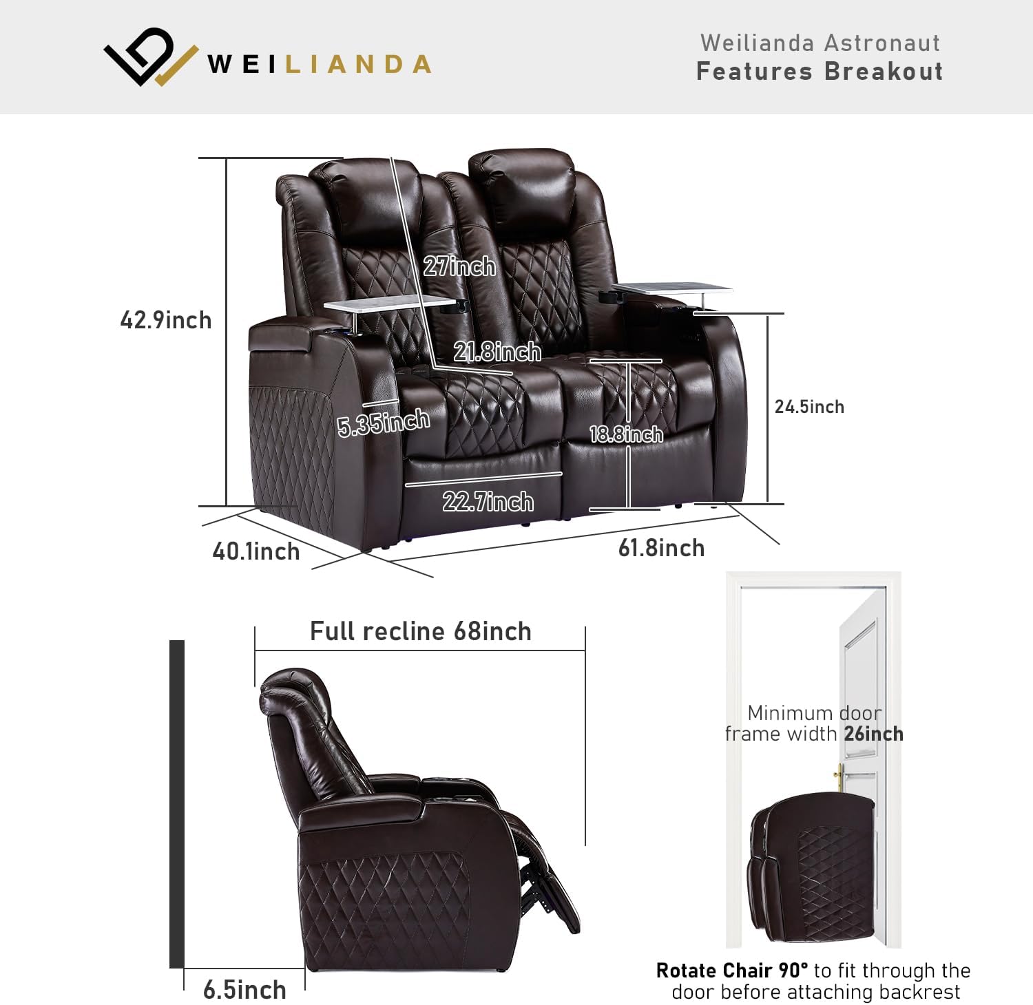 Weilianda Home Theater Seating Top Grain Leather Zero Gravity Recliner Chair Power Headrest Recline Movie Seat Gaming 7 Colors Mood Light Sofa with Tray Table USB Charge Row of 2 Loveseat Brown