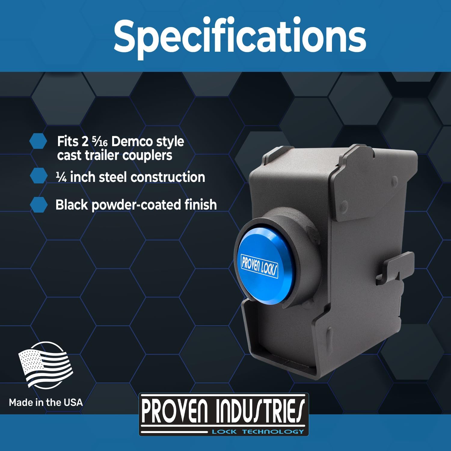 Proven Industries 2517-D1 Trailer Lock – Fits 2 5/16-Inch Demco Cast Couplers, Heavy-Duty Security, Unique Key Design, Made in USA, Blue