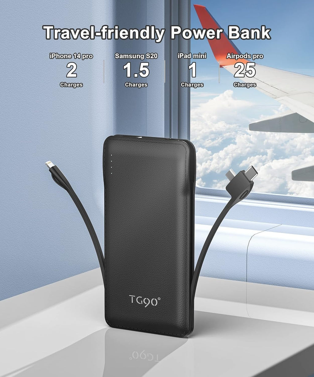 TG90° Portable Charger with Cords Only 10000mAh Power Bank with Built in Cables(No Plug) Battery Backup Cell Phone External Battery Pack Compatible with iPhone 17 16 15 14 13 12 Samsung Google iPad