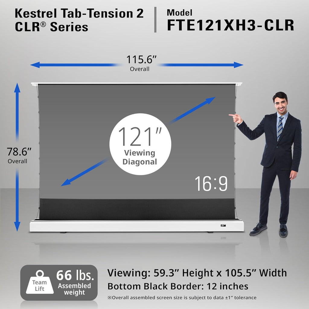 Elite Screens Kestrel Tab-Tension CLR, 121 inch 16:9, Ultra-Short Throw Ceiling Ambient Light Rejecting ALR Electric UST Floor-Rising Projection Motorized Front Projector Screen, FTE121XH3-CLR, White