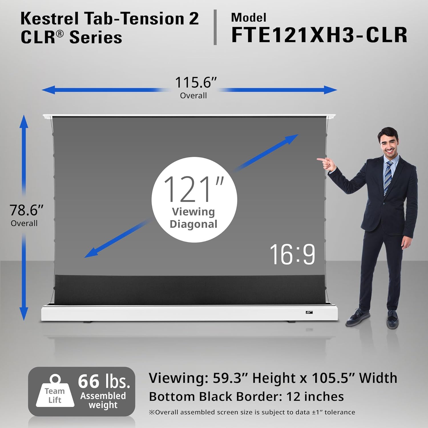 Elite Screens Kestrel Tab-Tension CLR, 121 inch 16:9, Ultra-Short Throw Ceiling Ambient Light Rejecting ALR Electric UST Floor-Rising Projection Motorized Front Projector Screen, FTE121XH3-CLR, White
