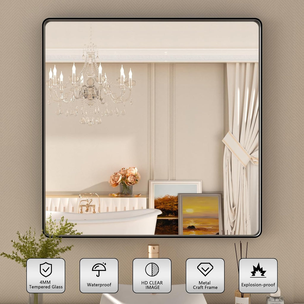 36x36 Inch Black Bathroom Mirror,Rectangle Matte Black Bathroom Vanity Mirror for Wall,Tempered Glass,Round Corner Black Metal Framed Mirror