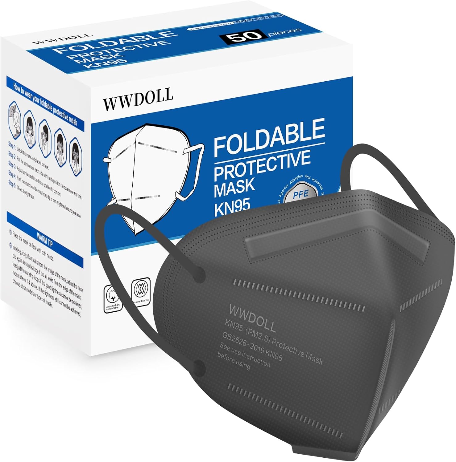 WWDOLL KN95 Face Mask 50 Pack, 5-Layers Breathable KN95 Masks, Gray