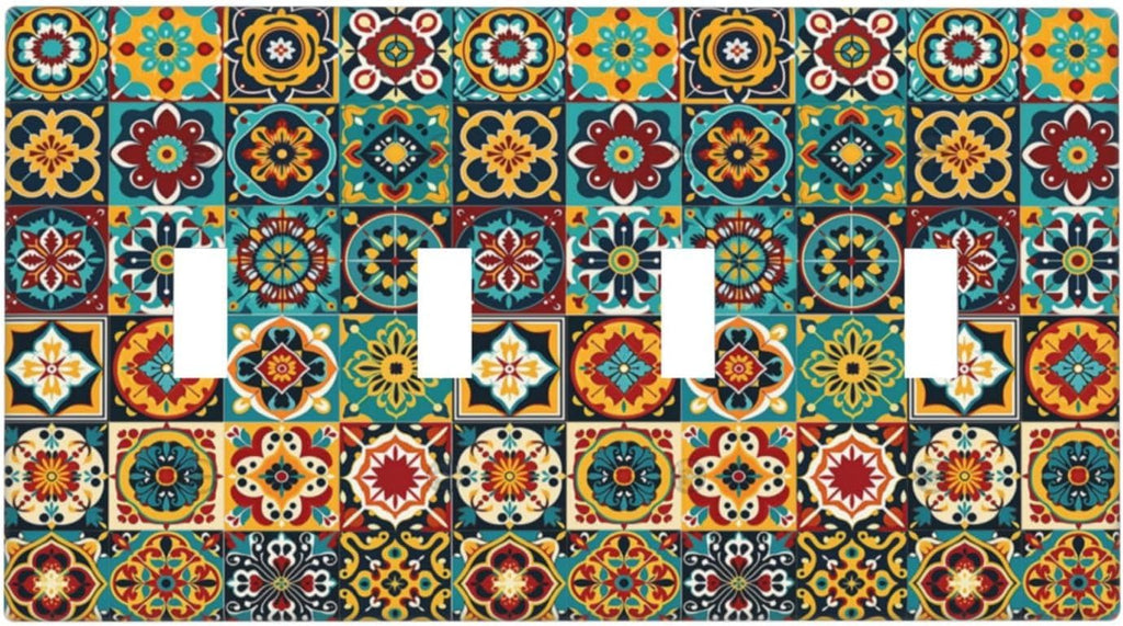 Light Switch Covers Mexican Talavera Colorful Mosaic Tiles Quad Toggle Electrical Faceplate 4 Gang Wall Plate Decorative Switch Plates For Bathroom Kitchen Decor