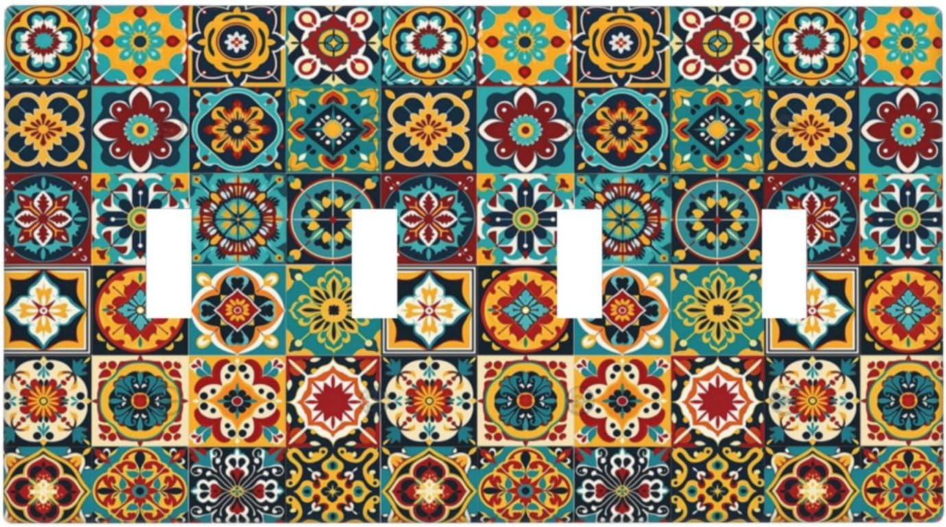 Light Switch Covers Mexican Talavera Colorful Mosaic Tiles Quad Toggle Electrical Faceplate 4 Gang Wall Plate Decorative Switch Plates For Bathroom Kitchen Decor