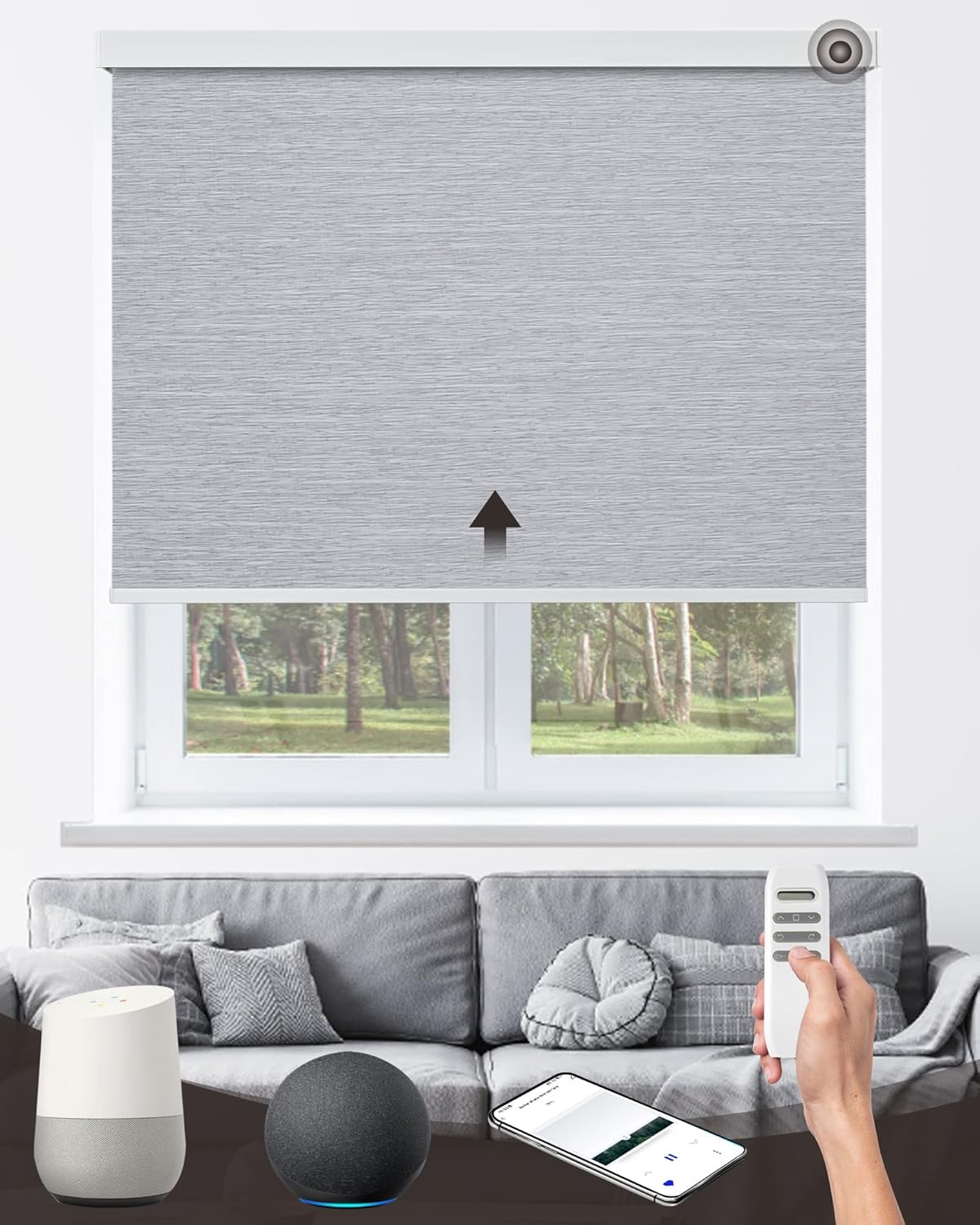 Motorized Roller Shade with Remote Control, 100% Blackout Electric 21-98” Width Blinds for Windows with Via Hub Alexa Google Home, Rechargeable Smart Automatic Customized Size（Texture-Grey）