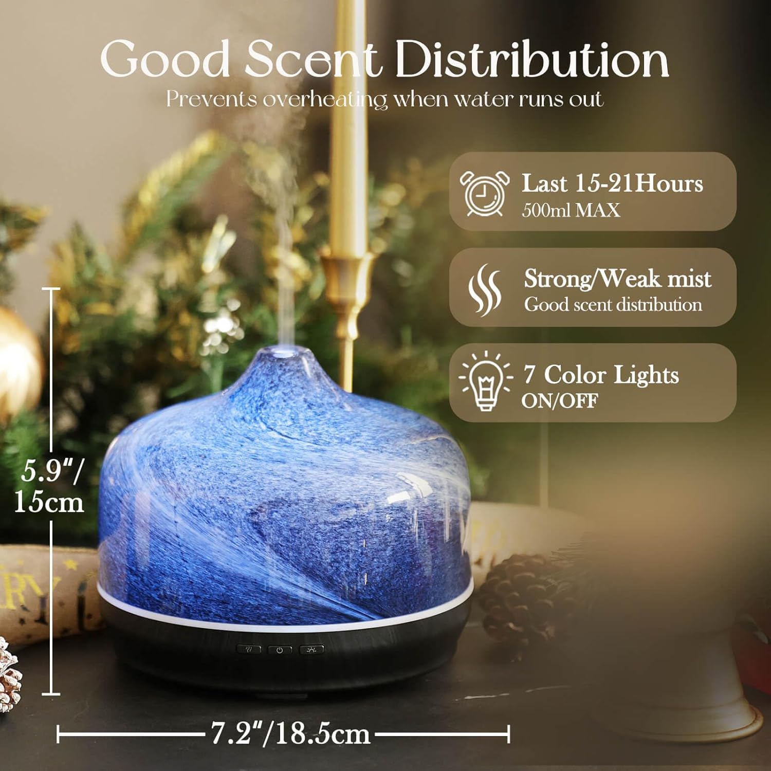 Porseme 500ml Glass Essential Oil Diffuser Aromatherapy Ultrasonic Cool Mist Humidifier 15-21 Running Hours Waterless Auto-Off Air Diffusers for Sleeping Yoga Office Working Spa and Rest (Obsidian)