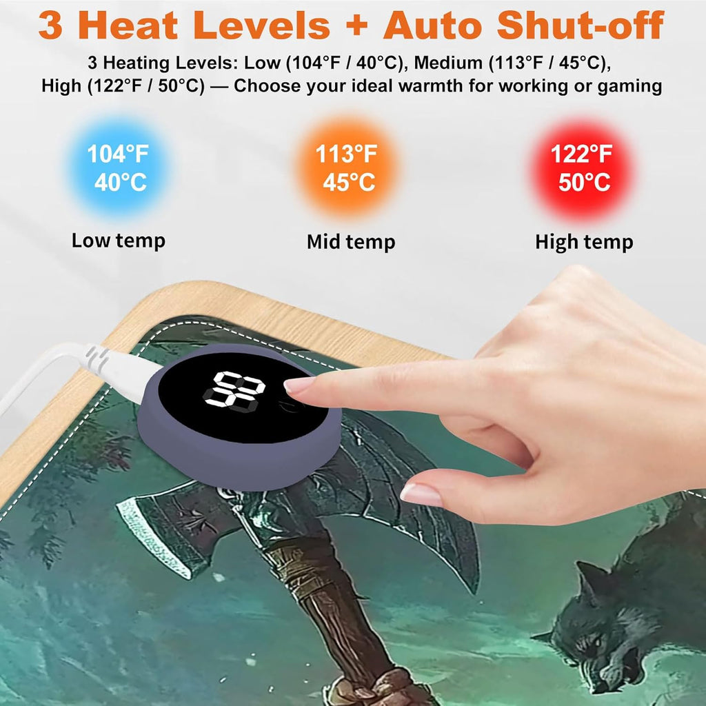 Heated Mouse Pad for Desk 31.5" x 13" – PU Leather Warm Desk Pad with 3 Heat Levels (104°F/113°F/122°F), Plug-in Electric Heating Mat with Auto Shut-Off, Waterproof & Rollable, Wild Hunter