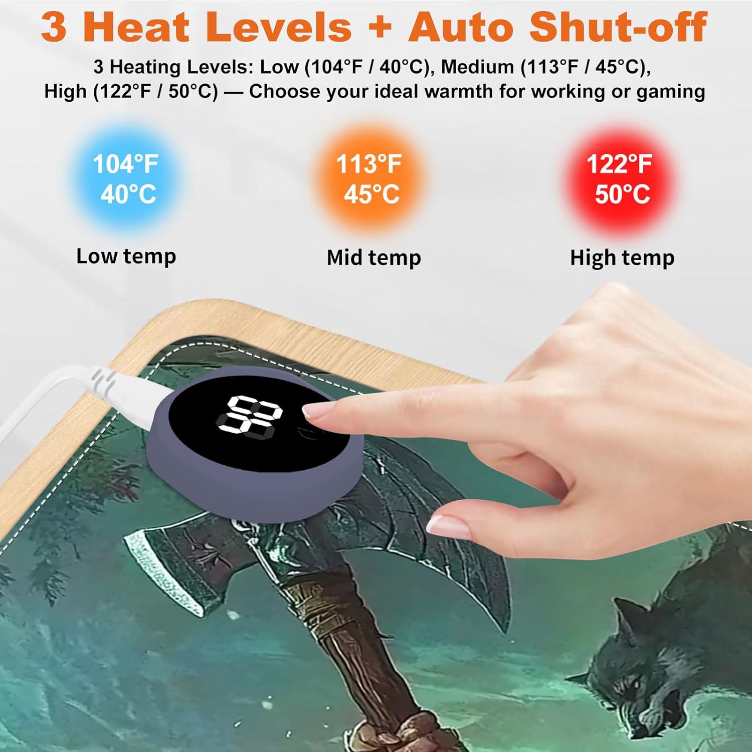 Heated Mouse Pad for Desk 31.5" x 13" – PU Leather Warm Desk Pad with 3 Heat Levels (104°F/113°F/122°F), Plug-in Electric Heating Mat with Auto Shut-Off, Waterproof & Rollable, Wild Hunter
