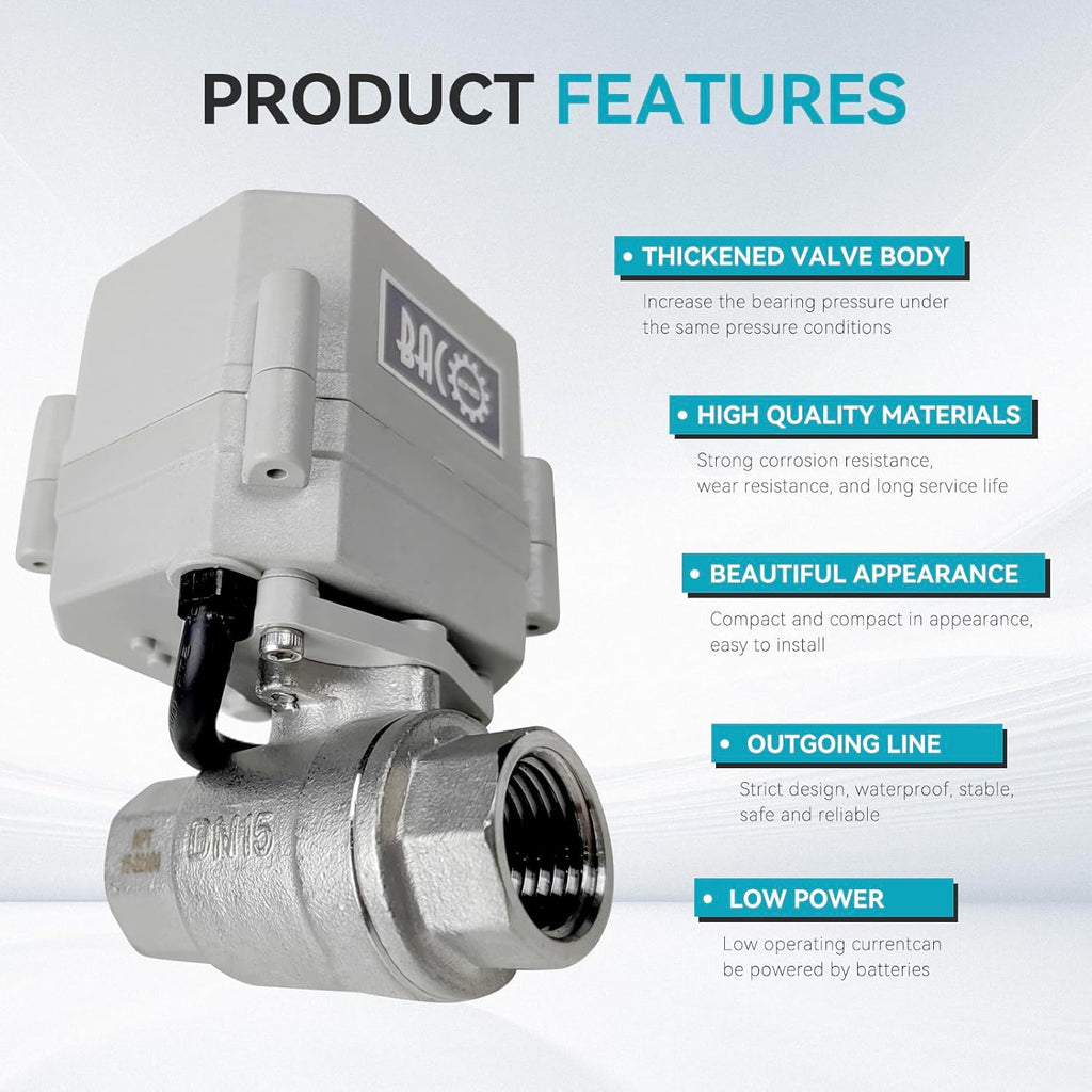 BACOENG Motorized Ball Valve, 1/2" DN15 Electrical Ball Valve, 2 Way 110VAC Stainless Steel NC Electric Water Valve