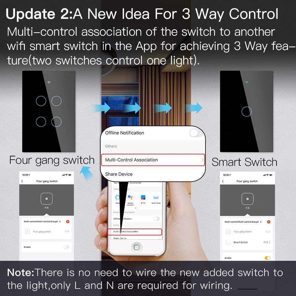 MOES 2.4GHz WiFi Wall Touch Smart Switch Neutral Wire Required, 3 Way Multi-Control, Glass Panel Light Switch Work with Smart Life/Tuya App, RF433 Remote Control, Alexa and Google Home Black 2 Gang