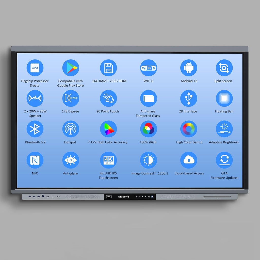 Shiarffe R9 Smart Board with Stand 4K Interactive Whiteboard EDLA-Certified All-in-One Touchscreen Digital Display Built-in 60W Speaker for Classrom Hybrid Work