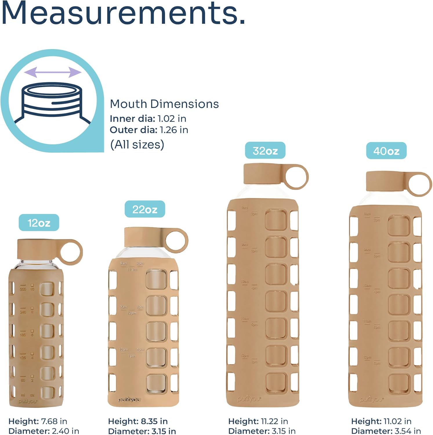 purifyou 40oz / 32oz / 22oz / 12oz Borosilicate Glass Water Bottle with Time & Volume Markers, Silicone Sleeve, Stainless Steel Lid | Reusable Glass Bottle for Water & Juice (22oz Iced Coffee)