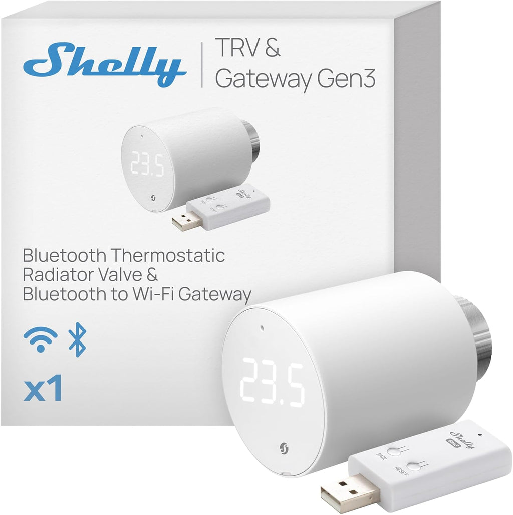 Shelly Blu TRV & Blu Gateway Gen3, Bluetooth-Operated Smart Thermostatic Valve, Smart Thermostatic Radiator Valve, Temperature Control, Home Automation, Compatible with Alexa, Google, Home Assistant