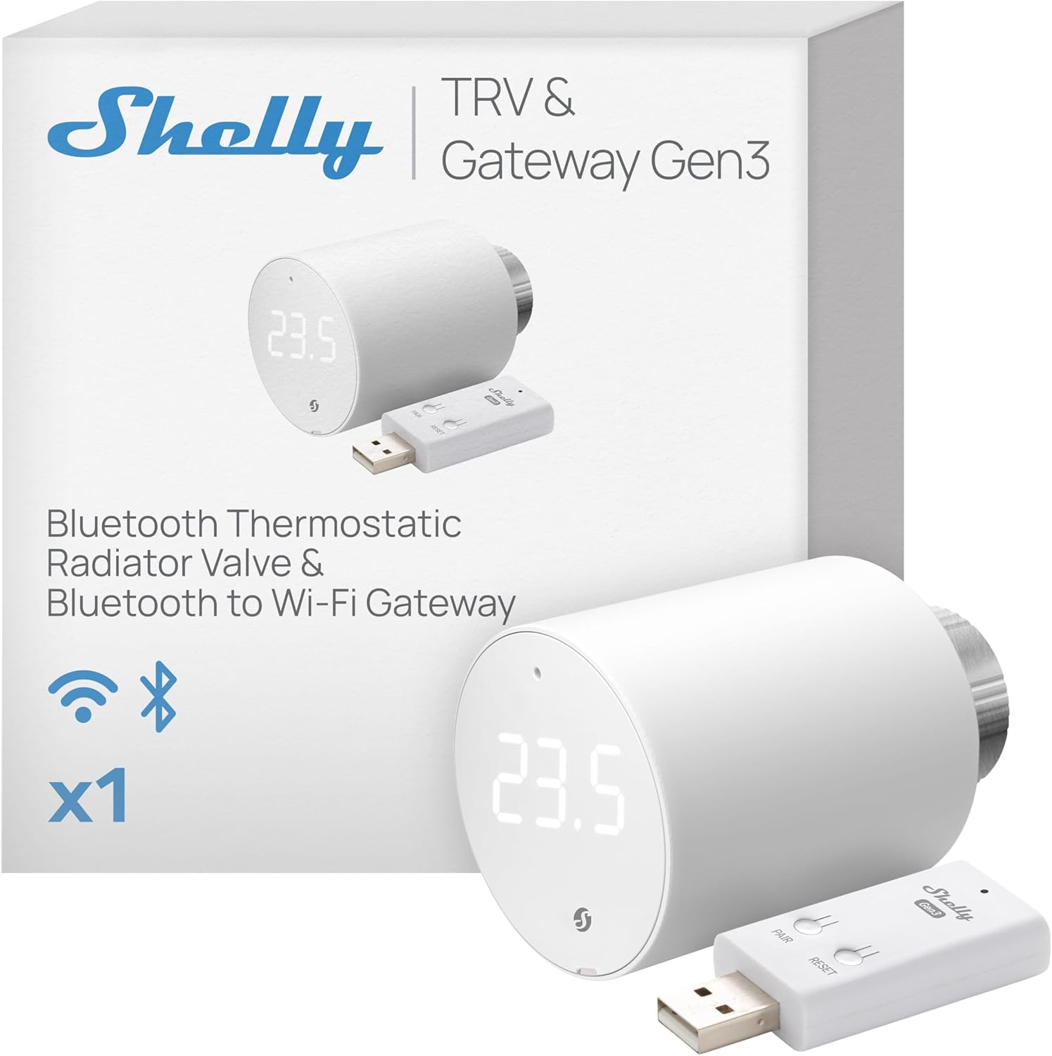 Shelly Blu TRV & Blu Gateway Gen3, Bluetooth-Operated Smart Thermostatic Valve, Smart Thermostatic Radiator Valve, Temperature Control, Home Automation, Compatible with Alexa, Google, Home Assistant