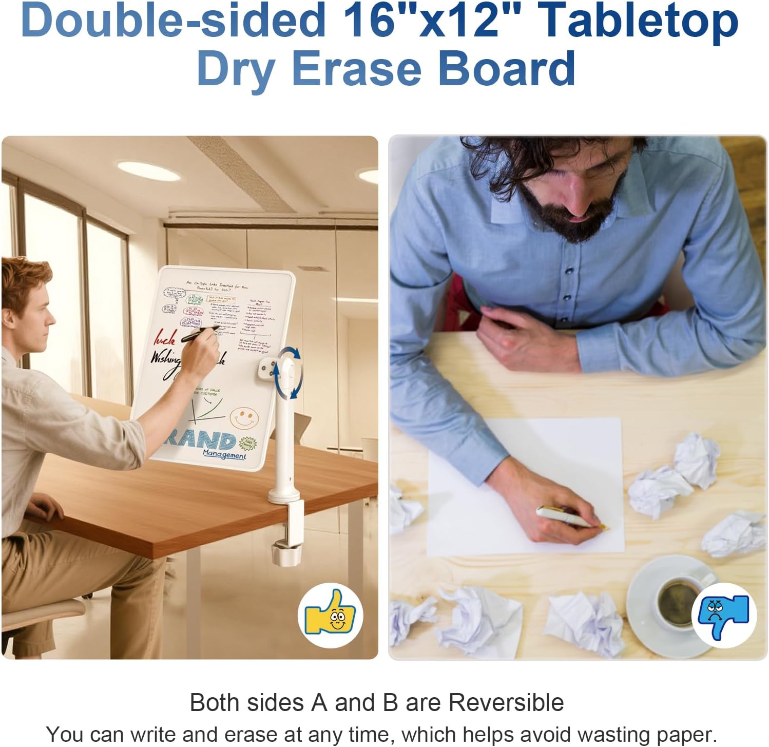 Double-Sided Desk Whiteboard with Dual 360° Swivel - 16" x 12" Clamp-On Desktop Whiteboard for Tables Under 2.3" Thick for Office, Home, School(1pc)