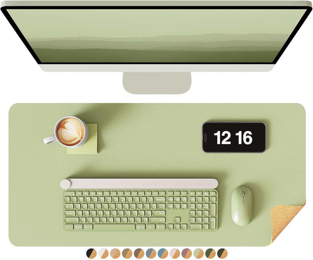 YSAGi Double-Sided Desk Pad, 23.6"x13.7" Leather Desk Mat, Eco Cork Desk Pad Protector, Large Mouse Pad for Desk, Waterproof Desk Blotter Pad, Desk Writing Pad for Office Work/Home(Matcha Green/Cork)
