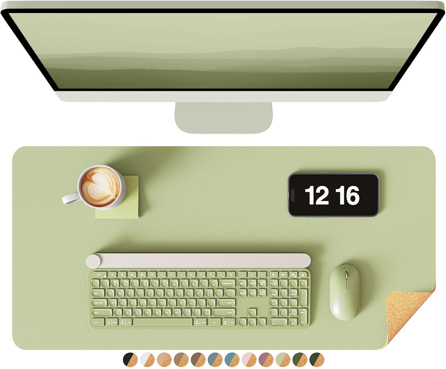 YSAGi Double-Sided Desk Pad, 23.6"x13.7" Leather Desk Mat, Eco Cork Desk Pad Protector, Large Mouse Pad for Desk, Waterproof Desk Blotter Pad, Desk Writing Pad for Office Work/Home(Matcha Green/Cork)