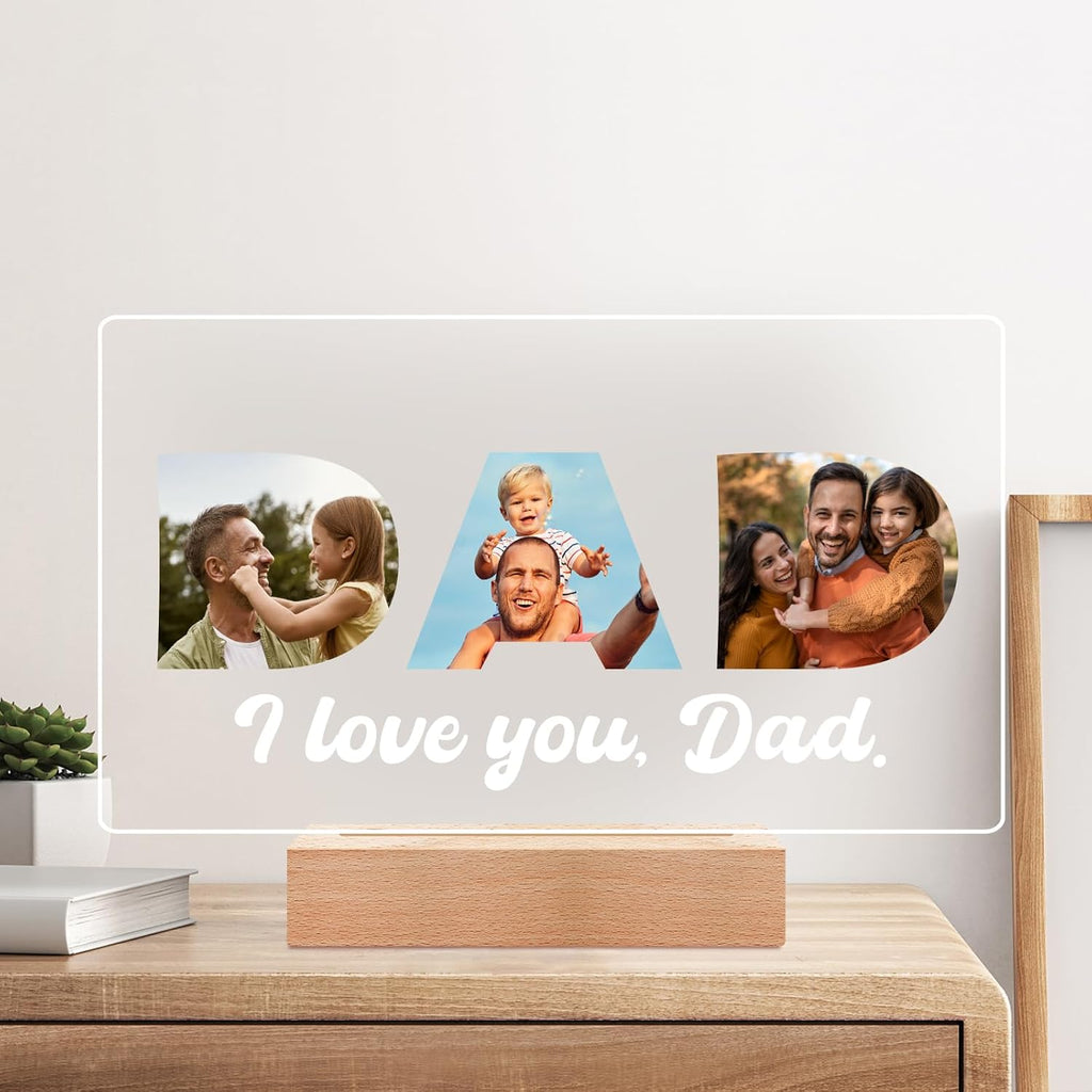 Custom Dad Picture Frame with Photo, Personalized Photo Frame with Night Light, Customized Picture Frames, Personalized Valentines Day Gifts for Dad from Daughter & Son