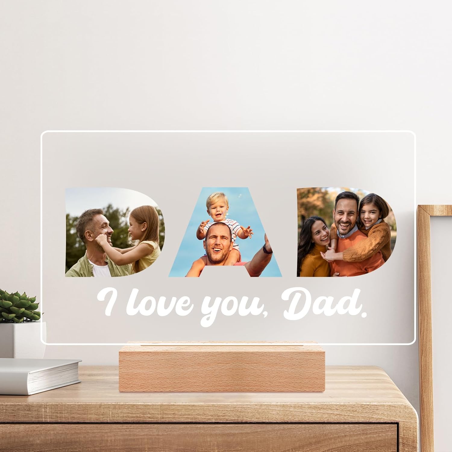Custom Picture Frames with Photo, Custom Photo Frame with Night Light, Personalized Picture Frame, Personalized Valentines Day Gifts for Dad from Daughter & Son