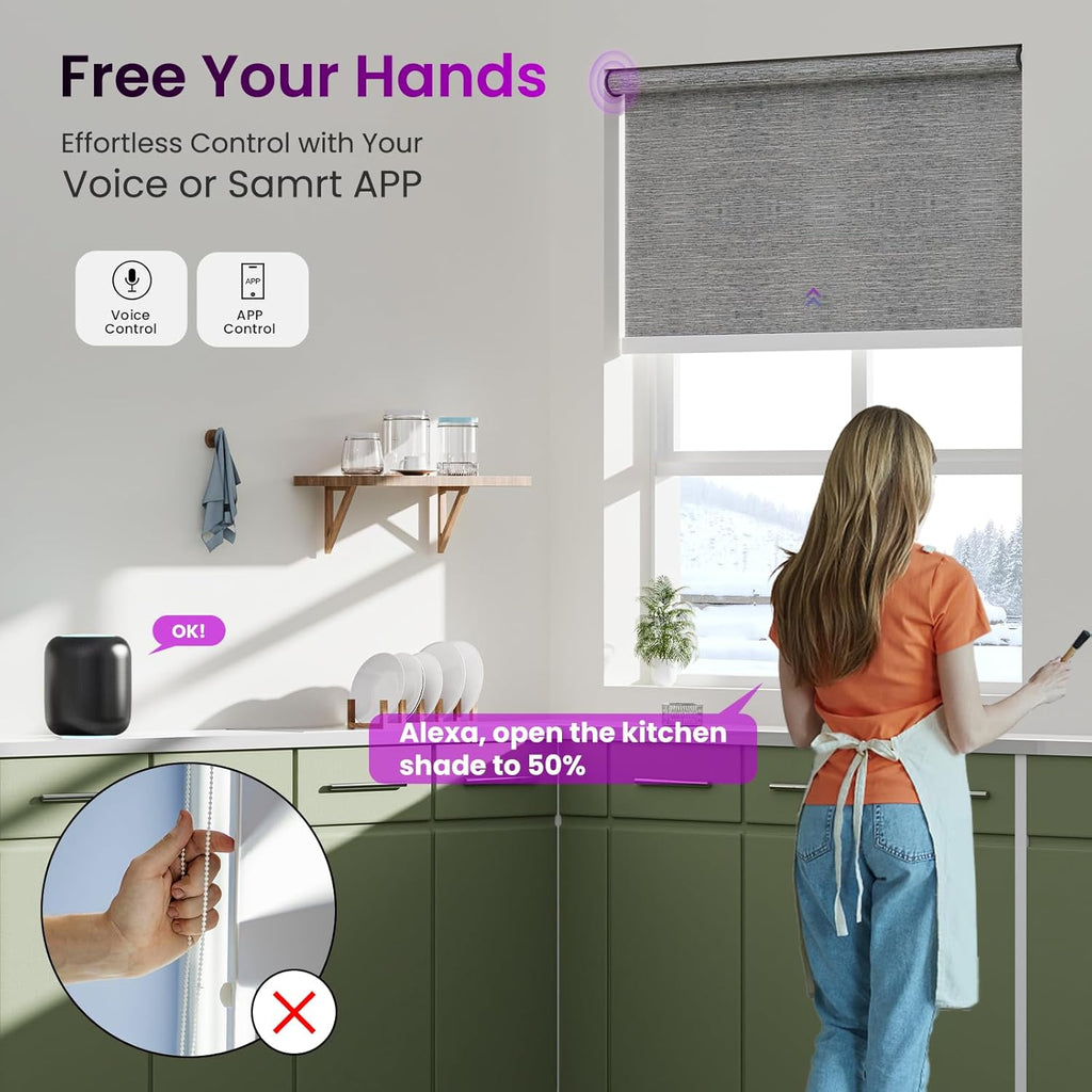 Astomi Motorized Smart Blinds for Windows, Automatic Roller Blackout Shades with Remote Control Compatible with Alexa Google Assistant Customized (Foggy Grey)