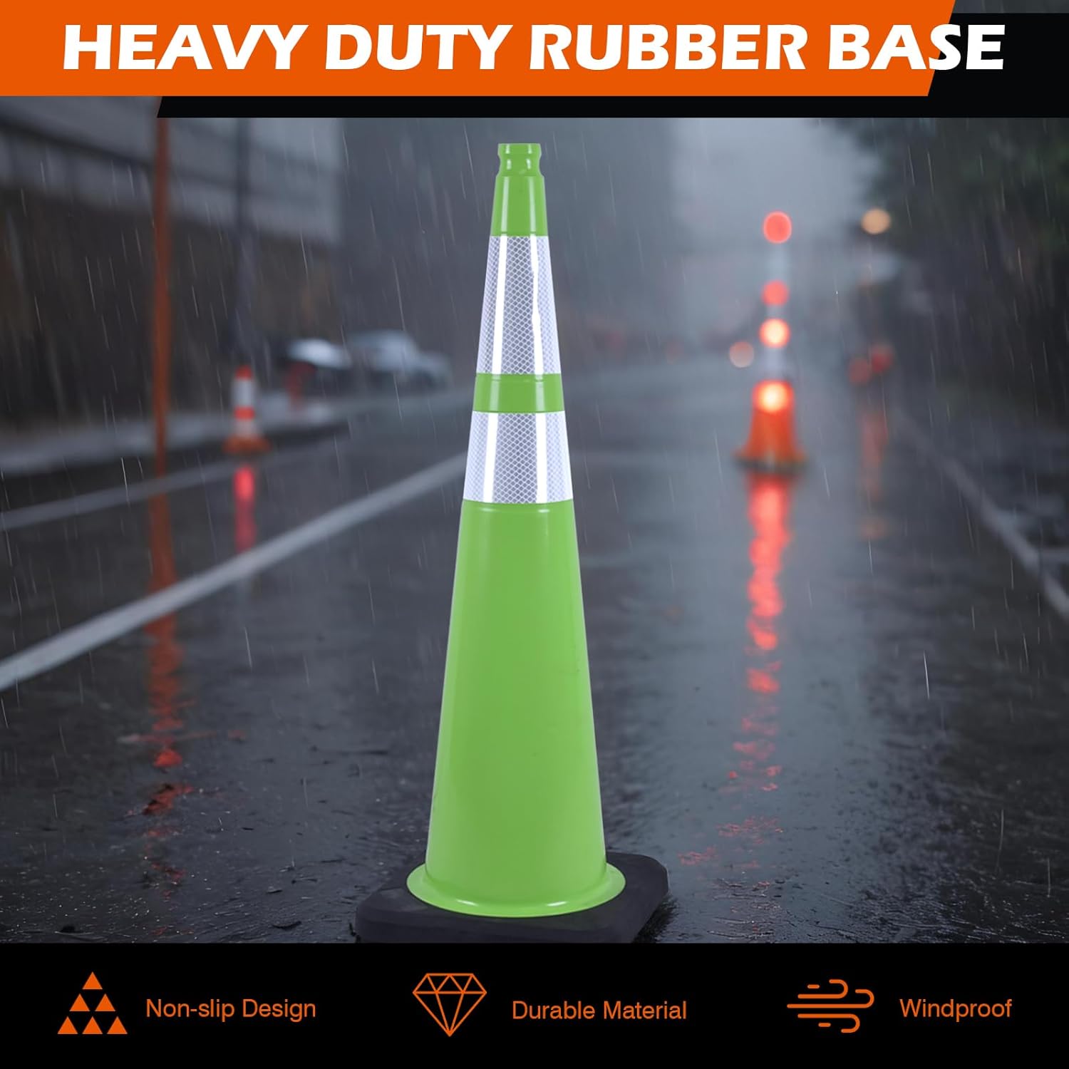 6 Pack 36 Inch Green PVC Traffic Cones with Black Base, Stable Large Size Safety Cones for Highway, Construction, and Outdoor Use (6, Green, 36 Inch)