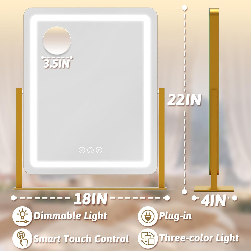 ROLOVE Vanity Mirror with Lights, 18"x22" LED Makeup Mirror with 10X Magnification, Smart Touch 3 Colors Dimmable, Light Up Mirror for Makeup Desk, 360° Rotation, Gold