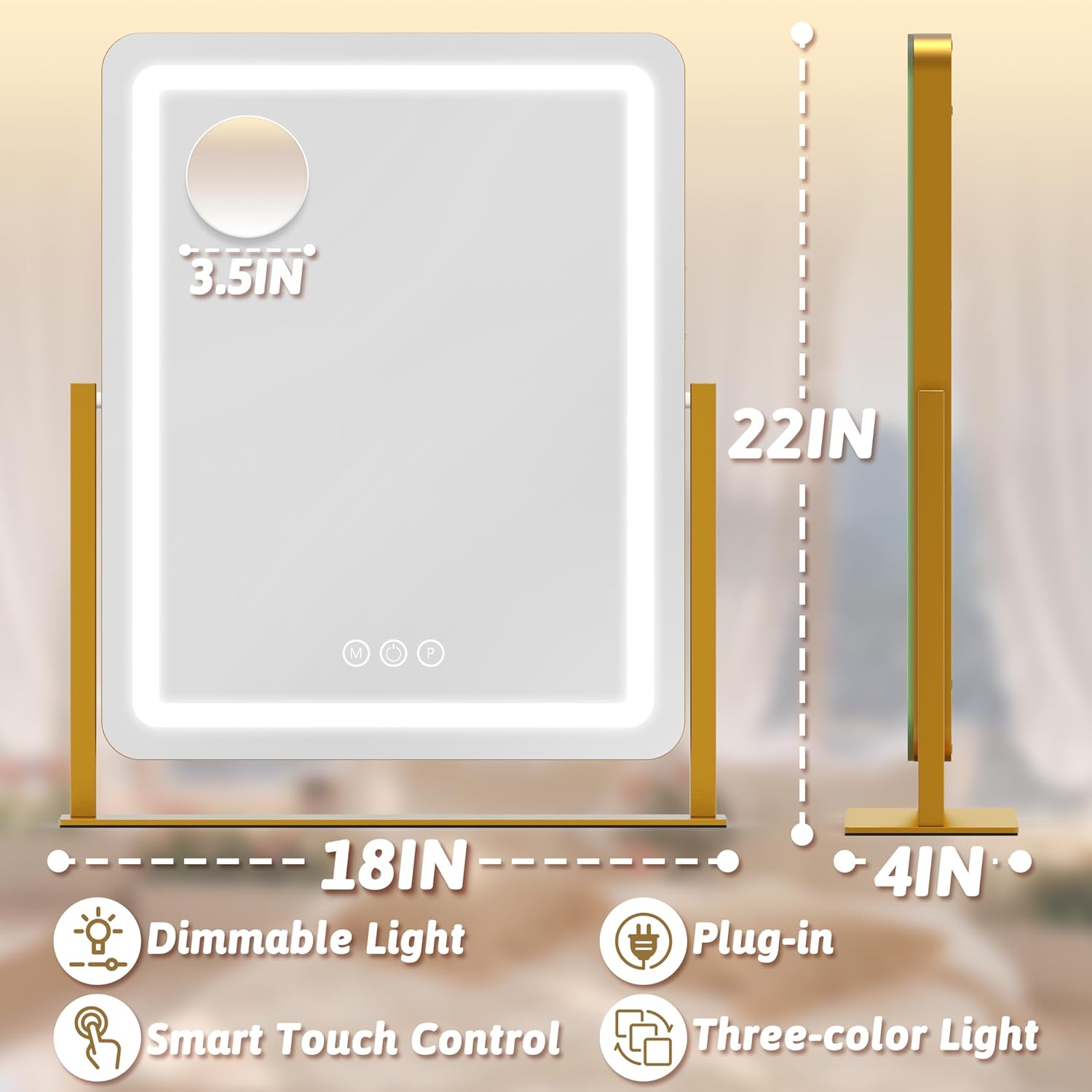 ROLOVE Vanity Mirror with Lights, 18"x22" LED Makeup Mirror with 10X Magnification, Smart Touch 3 Colors Dimmable, Light Up Mirror for Makeup Desk, 360° Rotation, Gold