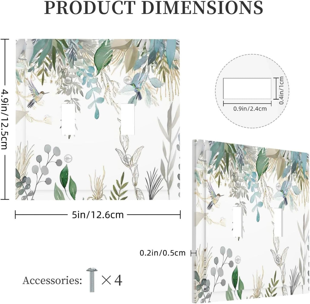 Green Tropical Palm Leaves Flower Plants Hummingbird Decorative Switch Plates 2 Gang Double Toggle Outlet Light Switch Cover Wall Plate Electrical Faceplate for Bed Room Living Room Decor