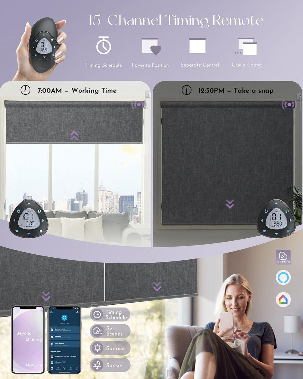 Graywind Motorized Shades 100% Blackout Compatible with Alexa Google WiFi Smart Hardwired Window Shade Remote Control Thermal Insulated Electric Blinds, Customized Size (Dark Gray)
