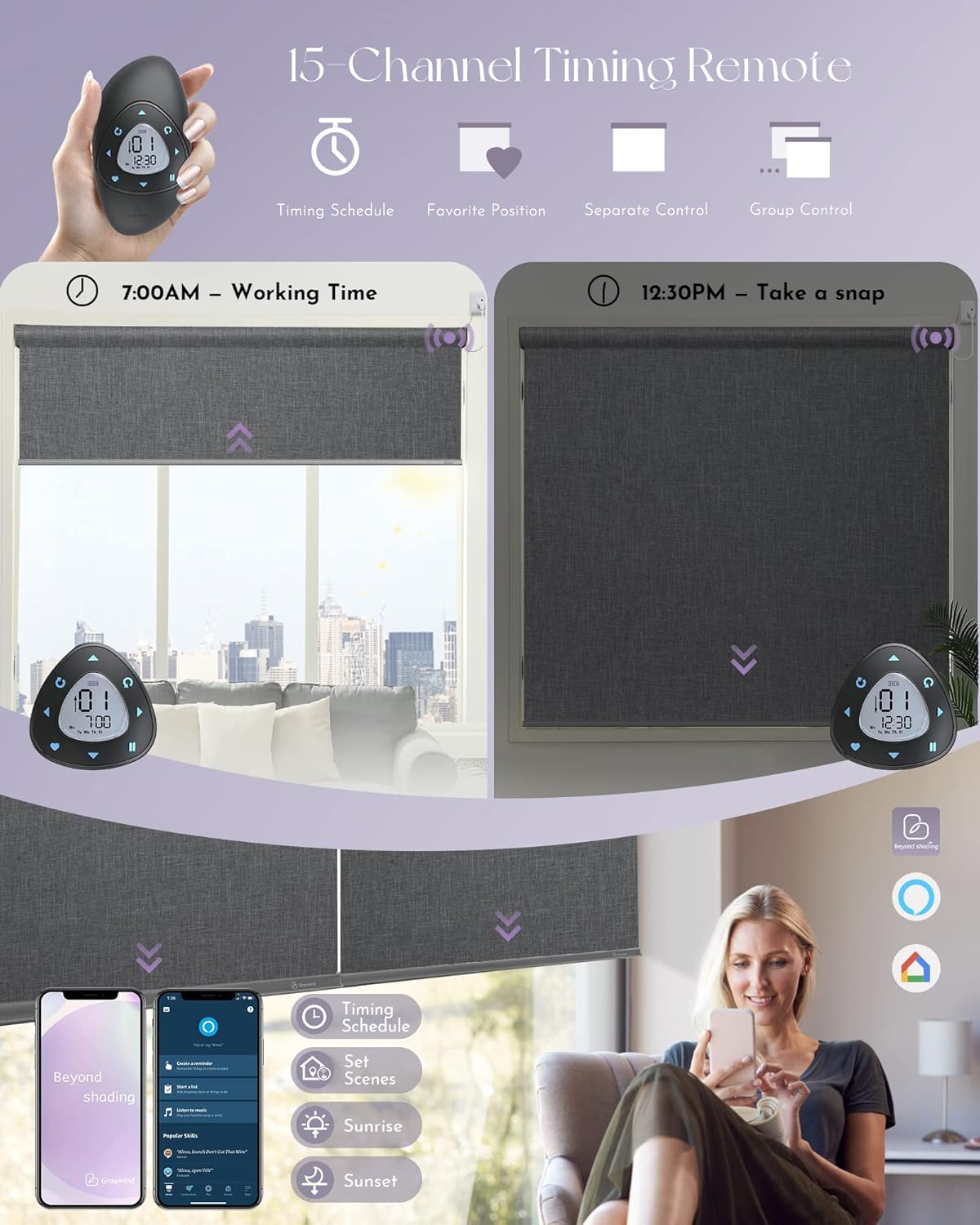 Graywind Motorized Shades 100% Blackout Compatible with Alexa Google WiFi Smart Hardwired Window Shade Remote Control Thermal Insulated Electric Blinds, Customized Size (Dark Gray)
