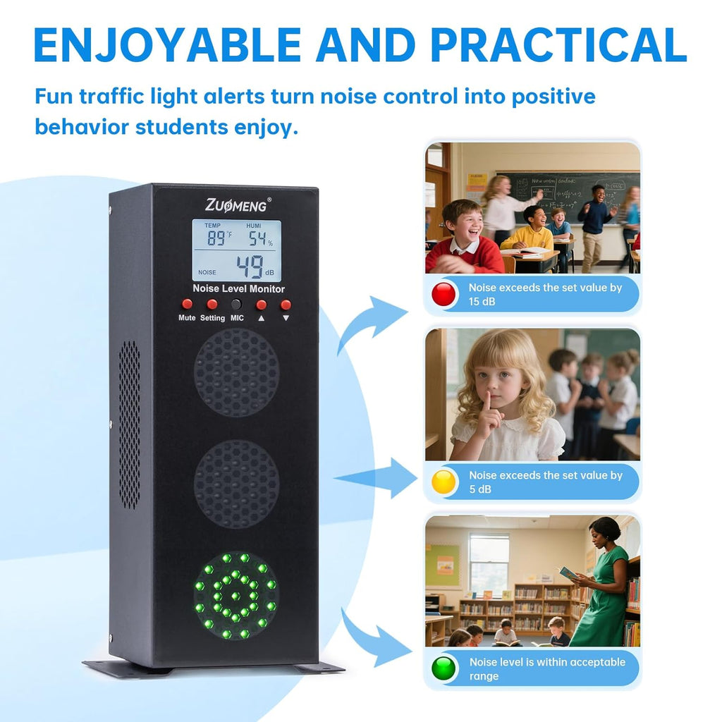 Noise Detector with Traffic Light Alert & Adjustable dB Threshold & Volume, Temp & Humidity Display, for Classroom Noise Control, Fun Interaction for Easy Noise Management