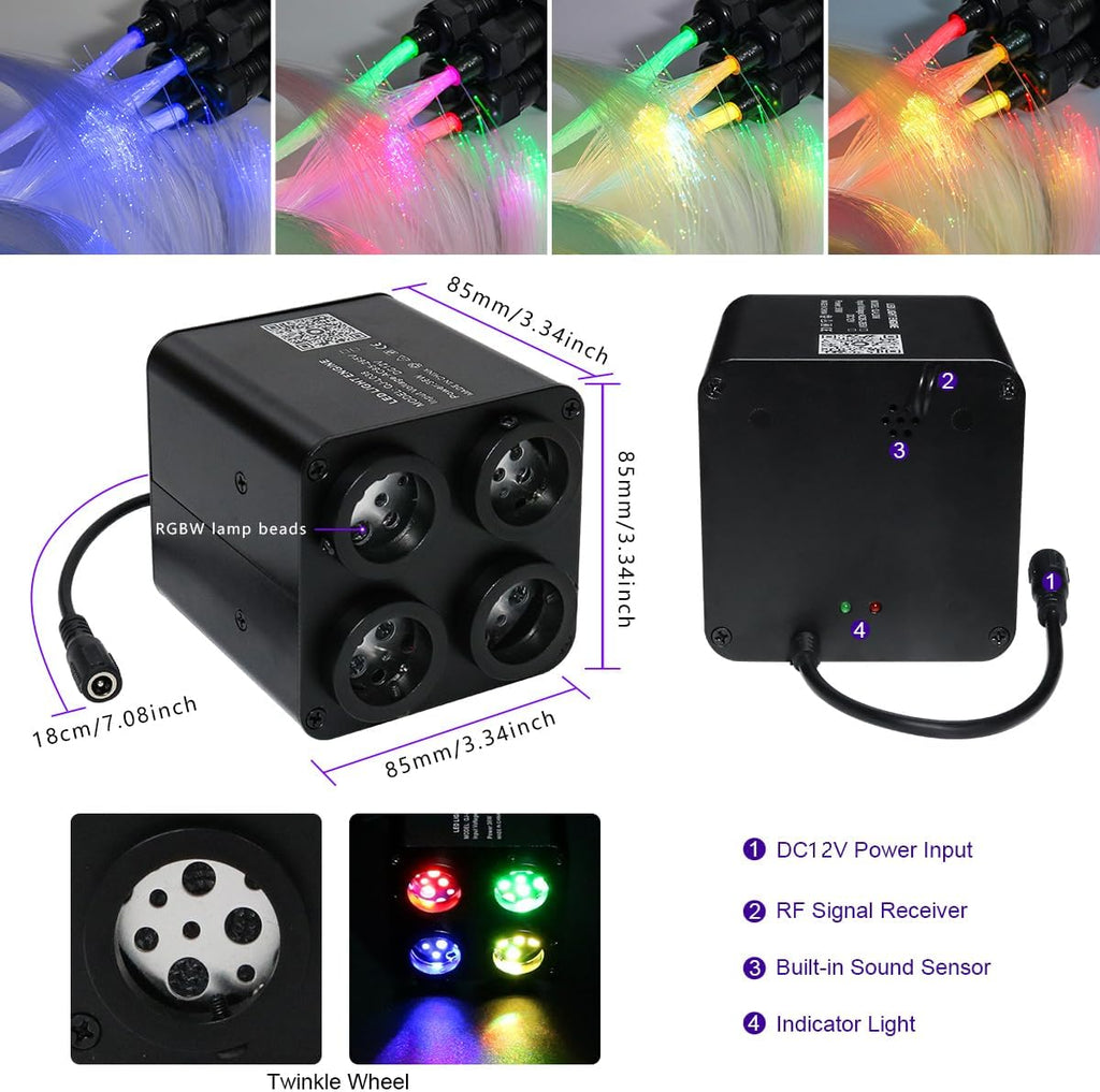 AZIMOM 4color 36W Twinkle Fiber Optic Starlight Box, 4Port Light Source Sound Activated Remote APP Control for Home Indoor Ceiling Car Headliner Star Lighting Decoration